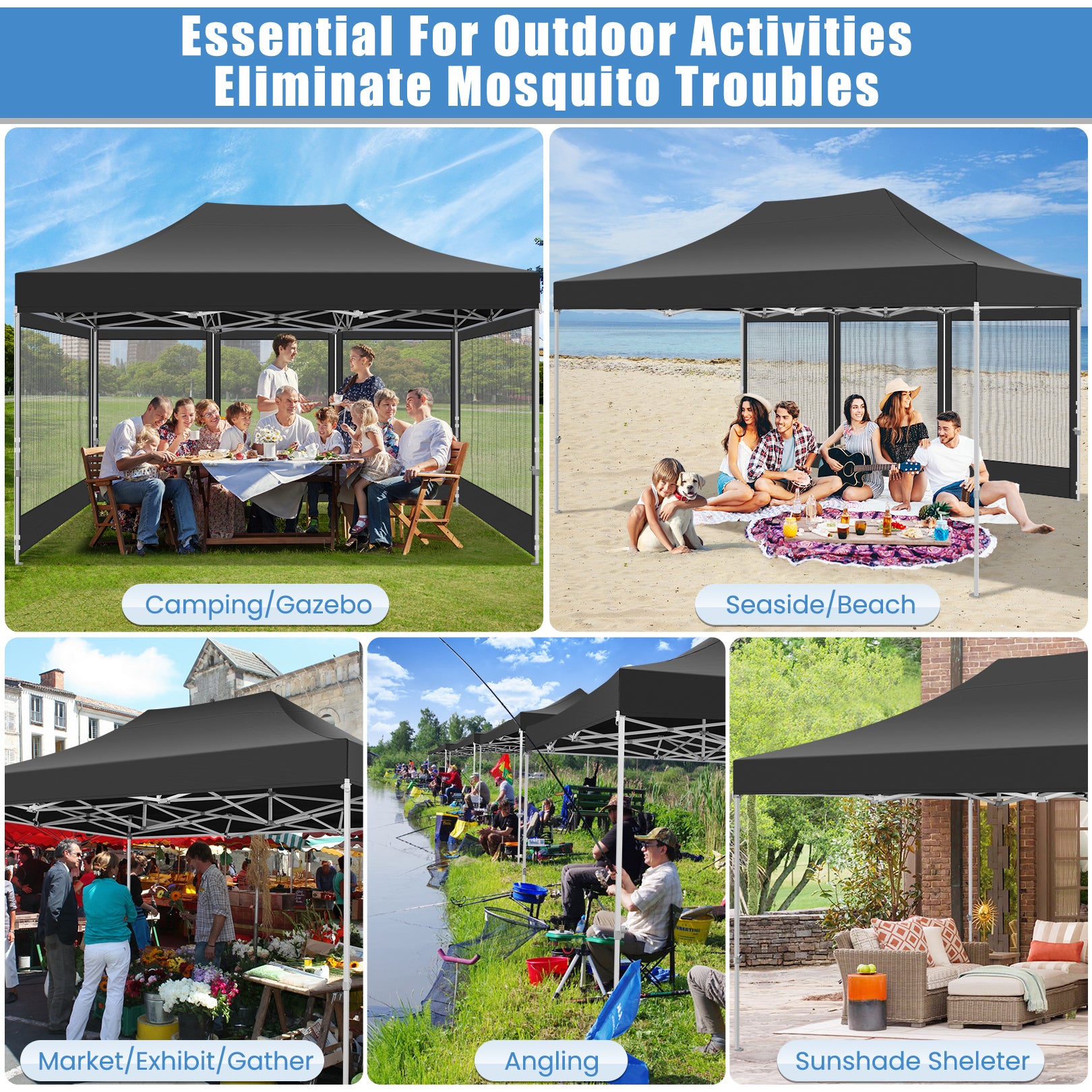 COBIZI 10'x15' Heavy Duty Pop Up Canopy Gazebo with Netting Screened, Gray SPC112