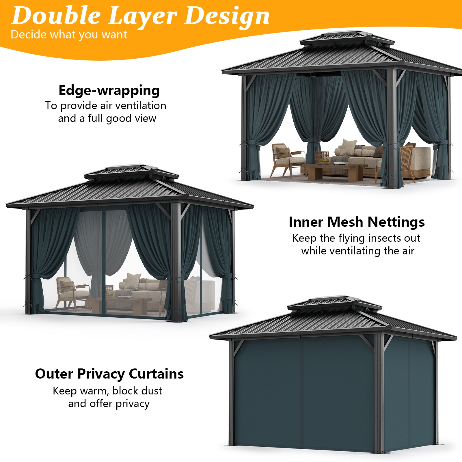HOTEEL 10x12 Hardtop Gazebo Aluminum Gazebos with Galvanized Steel Double Roof Metal Gazebo with Curtains and Netting Permanent Hardtop Gazebos Steel Gazebo for Backyard, Garden and Patio, Black