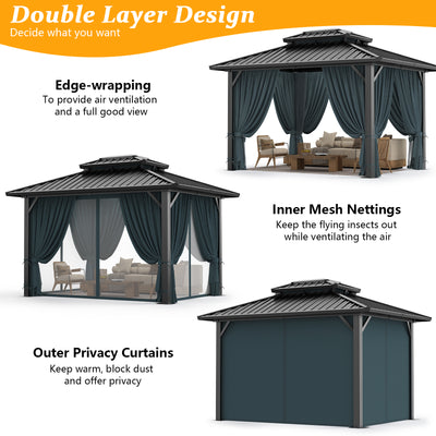 HOTEEL 10x12 Hardtop Gazebo Aluminum Gazebos with Galvanized Steel Double Roof Metal Gazebo with Curtains and Netting Permanent Hardtop Gazebos Steel Gazebo for Backyard, Garden and Patio, Black