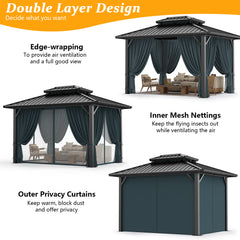 HOTEEL 10x12 Hardtop Gazebo Aluminum Gazebos with Galvanized Steel Double Roof Metal Gazebo with Curtains and Netting Permanent Hardtop Gazebos Steel Gazebo for Backyard, Garden and Patio, Black