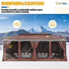 Hoteel 12'x20' Heavy Duty Canopy Gazebo, Home Outdoor Waterproof Large Party Tent & Shelter with Double Roofs, Mosquito Nettings and Privacy Screens for Backyard, Garden, Lawn, Smoke, Brown