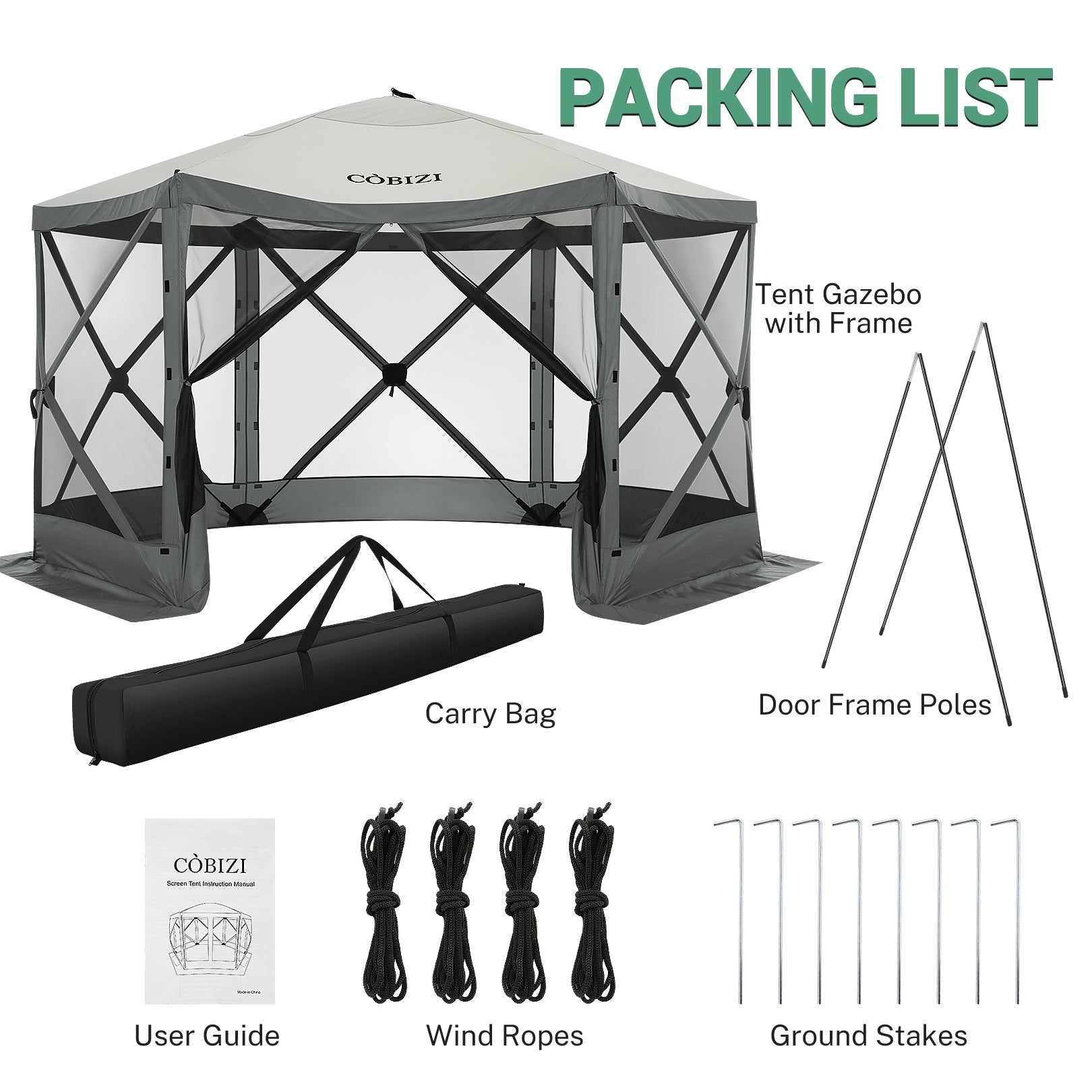 COBIZI 12x12ft Pop-up Gazebo EZ Set-up Camping Canopy Tent with 6 Sides Mosquito Netting, Waterproof, UV Resistant, Portable Screen House Room, Outdoor Party Tent with Carry bag, Ground Spike