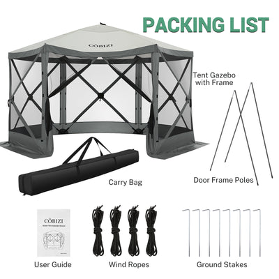 COBIZI 12x12ft Pop-up Gazebo EZ Set-up Camping Canopy Tent with 6 Sides Mosquito Netting, Waterproof, UV Resistant, Portable Screen House Room, Outdoor Party Tent with Carry bag, Ground Spike