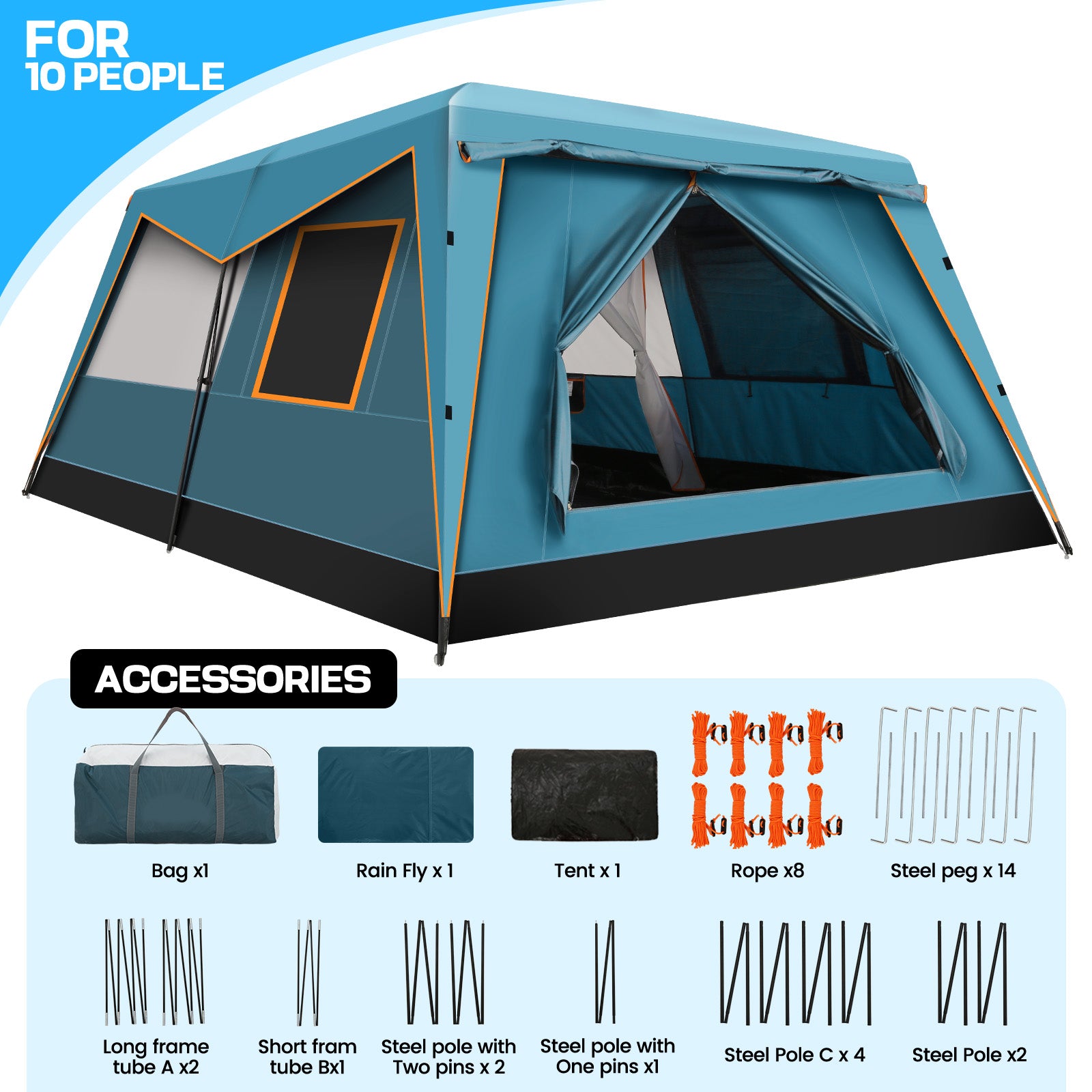 COBIZI 10 Person Camping Tent, Instant Setup 3 Minutes Large Family Tent with Removable Awning, Waterproof 2 Room Tent with UV Protection & Windproof, Spacious Portable Cabin Tent SPC000269