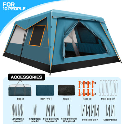 COBIZI 10 Person Camping Tent, Instant Setup 3 Minutes Large Family Tent with Removable Awning, Waterproof 2 Room Tent with UV Protection & Windproof, Spacious Portable Cabin Tent SPC000269