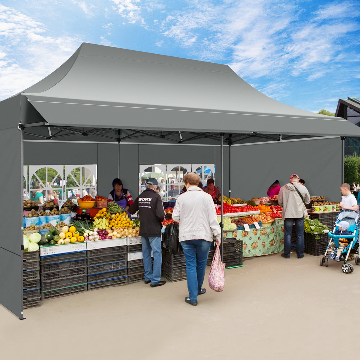 COBIZI 10x20 Heavy Duty Pop up Canopy Tent, Waterproof Outdoor Event Shelter with Extended Awning, UPF 50+, Instant Set up, Roller Bag, Gray