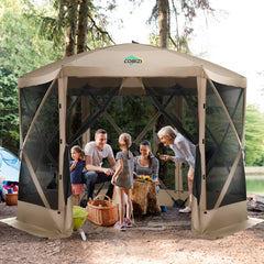 HOTEEL 12'x12' Pop Up Gazebo Outdoor Canopy Camping Tent with Mosquito Netting Walls, Waterproof, UV Resistant, Easy Set-up Party Tent for Shade and Rain, with Carry bag, Ground Spike, Beige