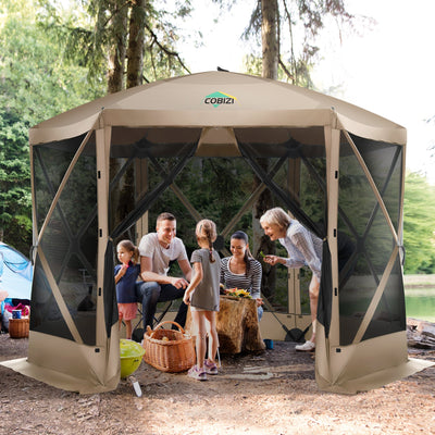 HOTEEL 12x12ft Pop-up Gazebo EZ Set-up Camping Canopy Tent with 6 Sides Mosquito Netting, Waterproof, UV Resistant, Portable Screen House Room, Outdoor Party Tent with Carry bag, Ground Spike, Khaki