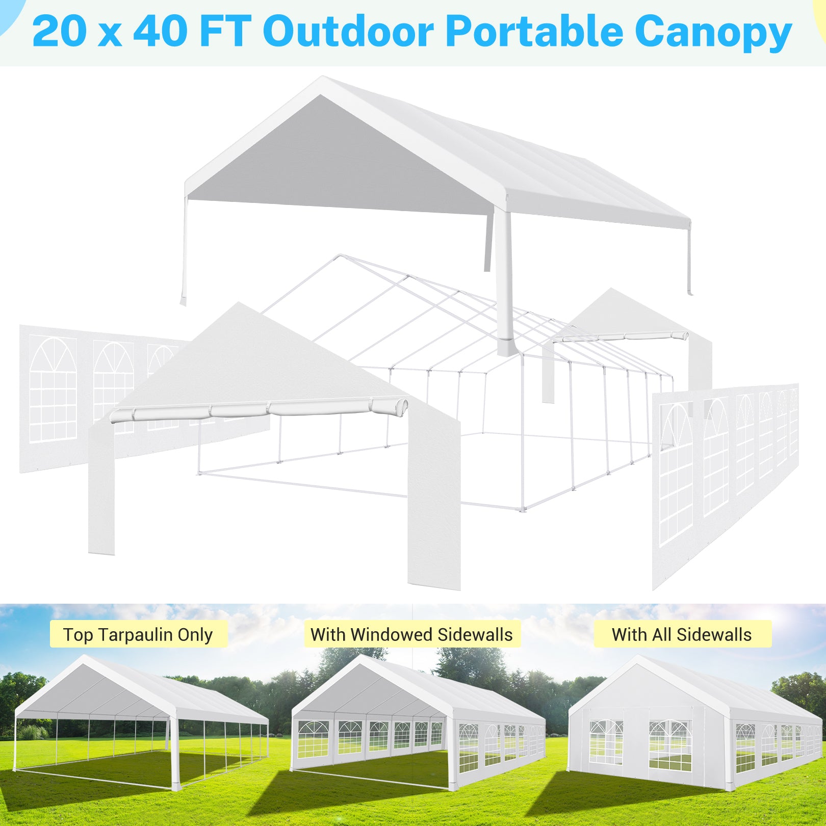 HOTEEL 20x40 Party Tent Heavy Duty with 8 Removable Sidewalls & 4 Built-in Sandbags, Commercial Wedding Large Tent, UV 50+, Waterproof, White