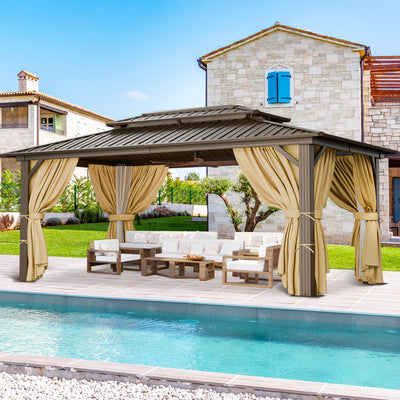 COBIZI 10'x15'  Heavy Duty Hard Top Gazebo with Curtains & Netting, Brown SPC274