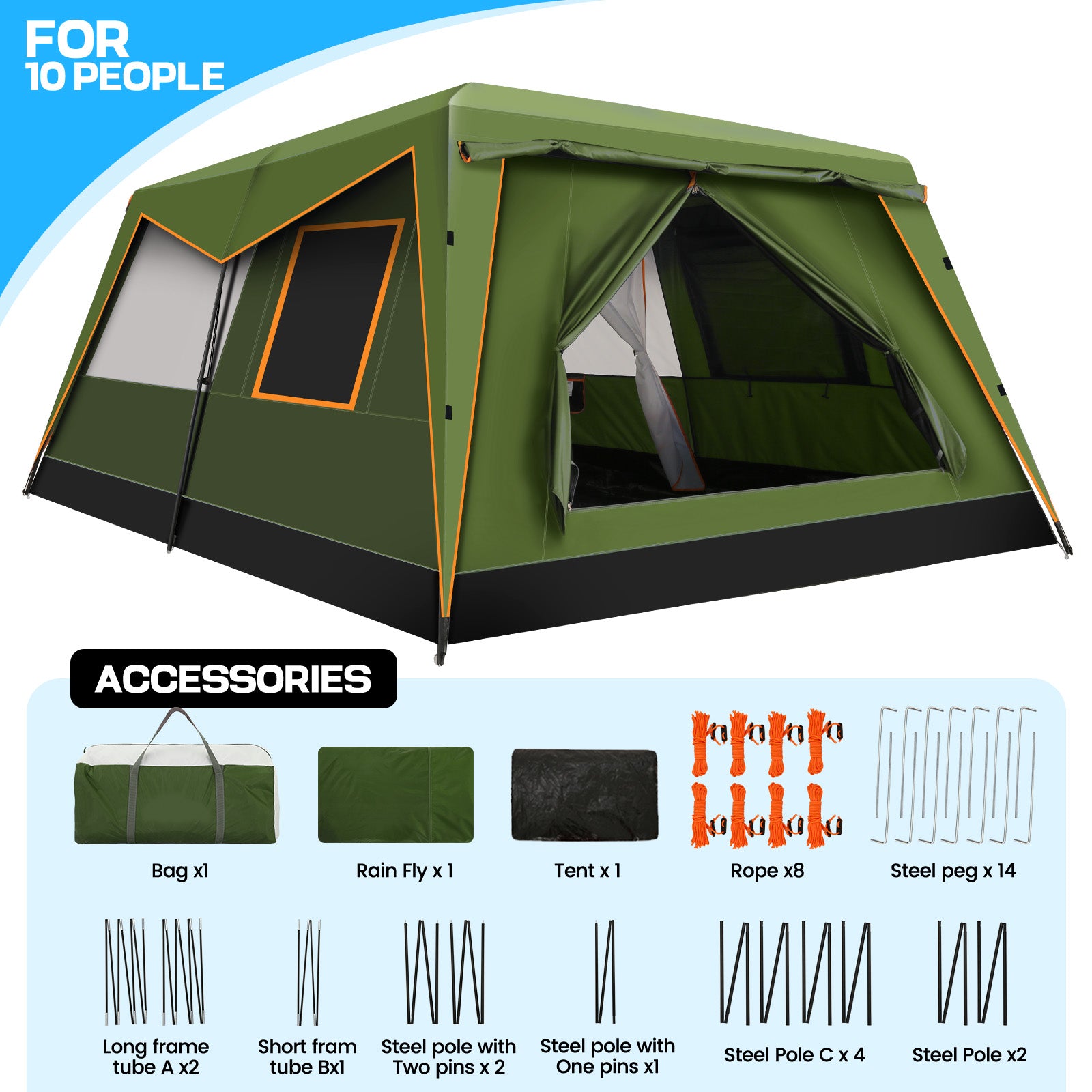HOTEEL 10 Person Camping Tent Family Tents, Instant Cabin Tents, Family Cabin Multi Room Pop Up Tents Car Camping for Parties, Music Festival Tent, Big, Easy Up, Included Storage Pockets