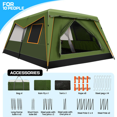 HOTEEL 10 Person Camping Tent Family Tents, Instant Cabin Tents, Family Cabin Multi Room Pop Up Tents Car Camping for Parties, Music Festival Tent, Big, Easy Up, Included Storage Pockets