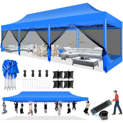 COBIZI 10'x30' Heavy Duty Canopy Tent, Pop up Gazebo with Netting Screened ,Waterproof Ez up Canopy with Sidewalls, Outdoor Instant Party Tent for Backyard,Dark Blue