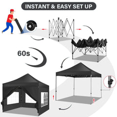 HOTEEL 10x10 Pop Up Canopy with 4 Sidewall,Heavy Duty Canopy UPF 50+ All Season Wind Waterproof Commercial Outdoor Wedding Party Tents for Parties Canopy Gazebo with Roller Bag(10 x 10 ft Black)
