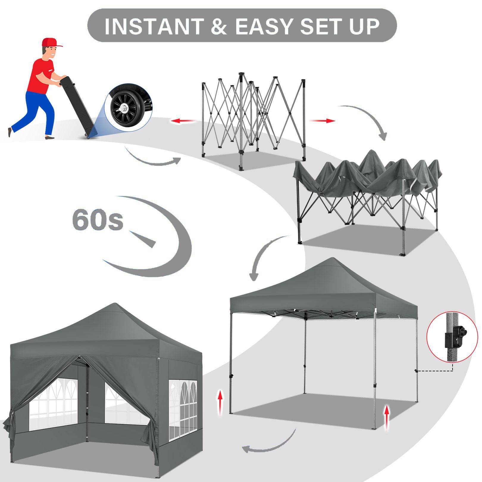 HOTEEL 10x10 Pop Up Canopy with 4 Sidewall,Heavy Duty Canopy UPF 50+ All Season Wind Waterproof Commercial Outdoor Wedding Party Tents for Parties Canopy Gazebo with Roller Bag(10 x 10 ft Gray)
