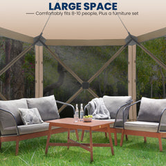 HOTEEL 12x12ft Pop-up Gazebo EZ Set-up Camping Canopy Tent with 6 Sides Mosquito Netting, Waterproof, UV Resistant, Portable Screen House Room, Outdoor Party Tent with Carry bag, Ground Spike, Khaki