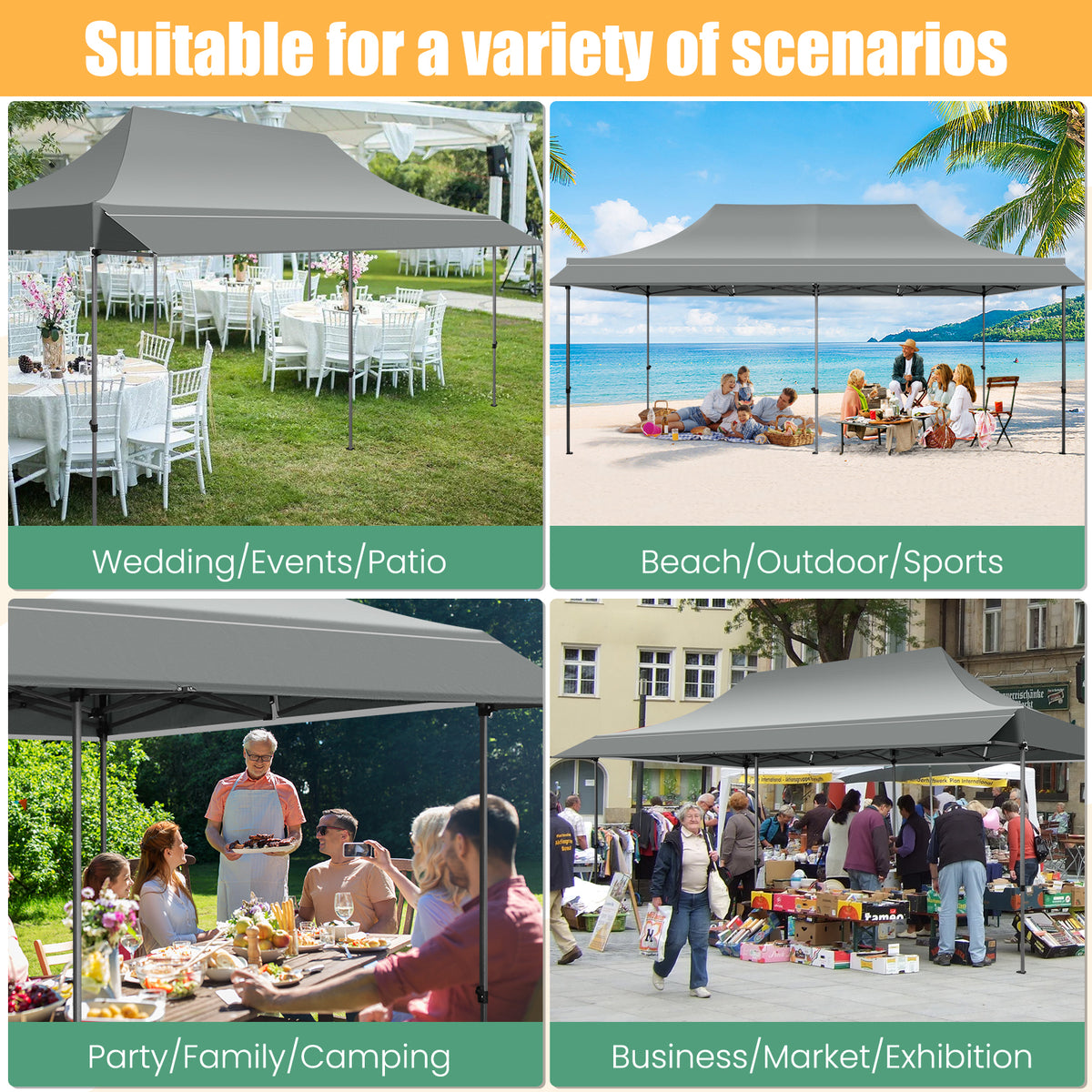 COBIZI 10x20 Heavy Duty Pop up Canopy Tent, Waterproof Outdoor Event Shelter with Extended Awning, UPF 50+, Instant Set up, Roller Bag, Gray