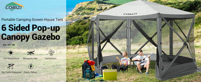 Hoteel 12x12ft Pop-up Gazebo EZ Set-up Camping Canopy Tent with 6 Sides Mosquito Netting, Waterproof, UV Resistant, Portable Screen House Room, Outdoor Party Tent with Carry bag, Ground Spike, Khaki