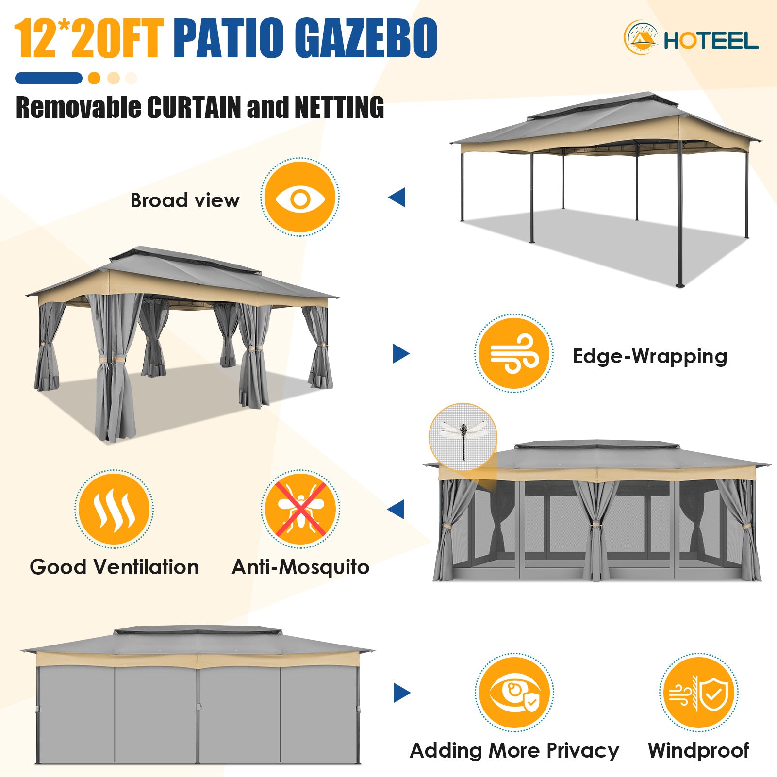 COBIZI 12'x20' Patios Gazebos with 4 Sidewalls & Double Soft Roof, Khaki SPC307