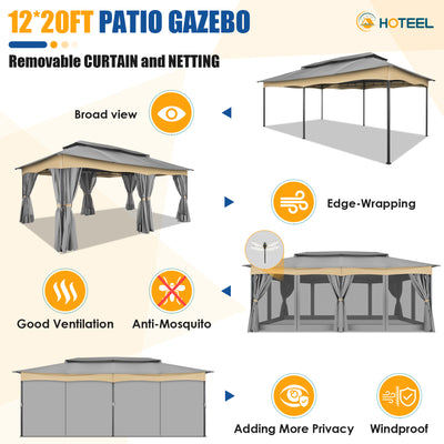 COBIZI 12'x20' Patios Gazebos with 4 Sidewalls & Double Soft Roof, Khaki SPC307