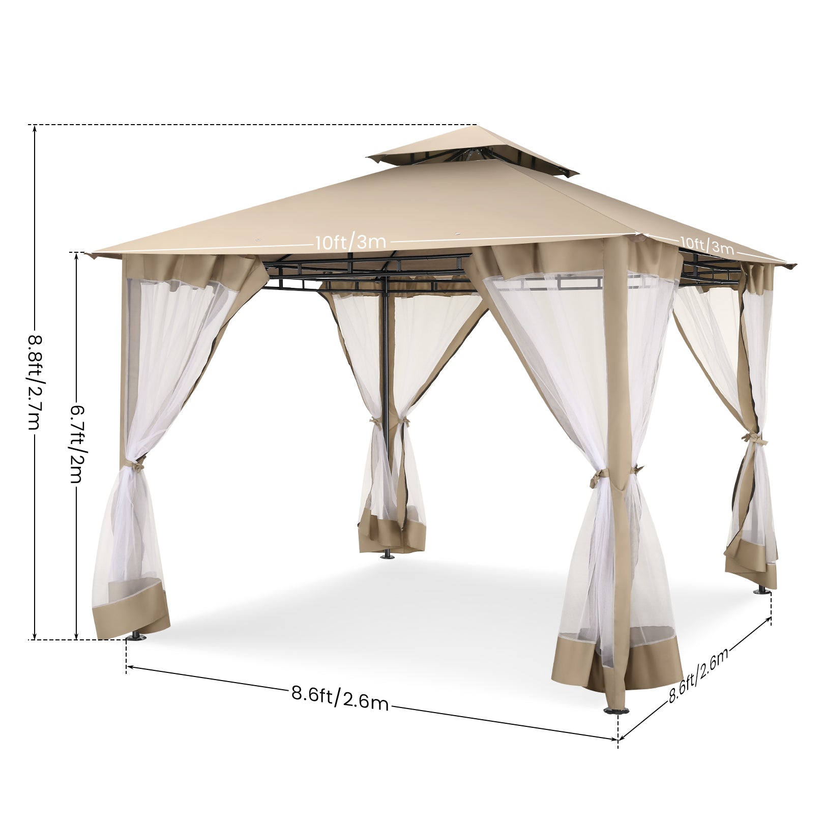 COBIZI 10'x10' Patios Gazebos with 4 Netting Sidewalls & Double Soft Roof, Khaki SPC41
