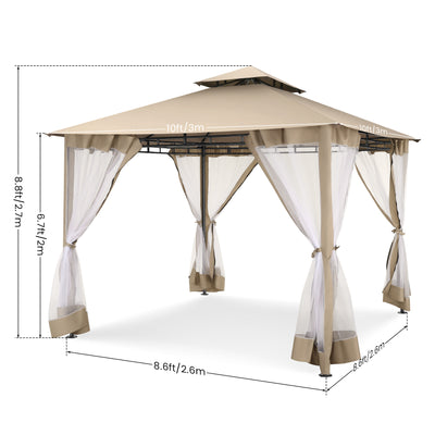 COBIZI 10'x10' Patios Gazebos with 4 Netting Sidewalls & Double Soft Roof, Khaki SPC41