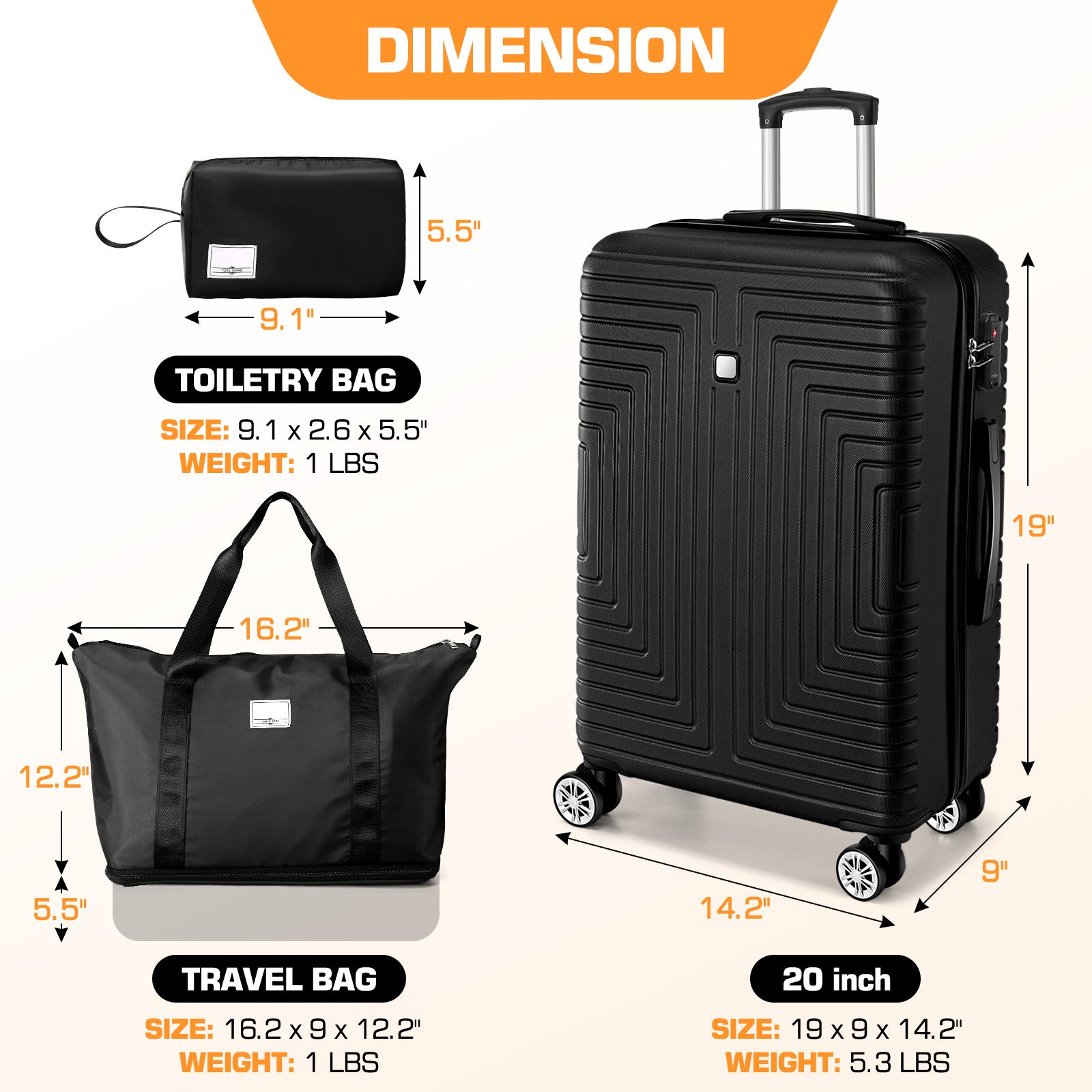 HOTEEL Luggage 3 Piece Set, Suitcase Set with Spinner Wheels & TSA Lock, 20 in Hardside Lightweight Luggage Set with duffel bag & toiletry bag, Black