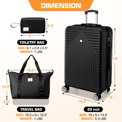 HOTEEL Luggage 3 Piece Set, Suitcase Set with Spinner Wheels & TSA Lock, 20 in Hardside Lightweight Luggage Set with duffel bag & toiletry bag, Black