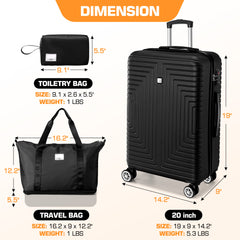HOTEEL Luggage 3 Piece Set, Suitcase Set with Spinner Wheels & TSA Lock, 20 in Hardside Lightweight Luggage Set with duffel bag & toiletry bag, Black