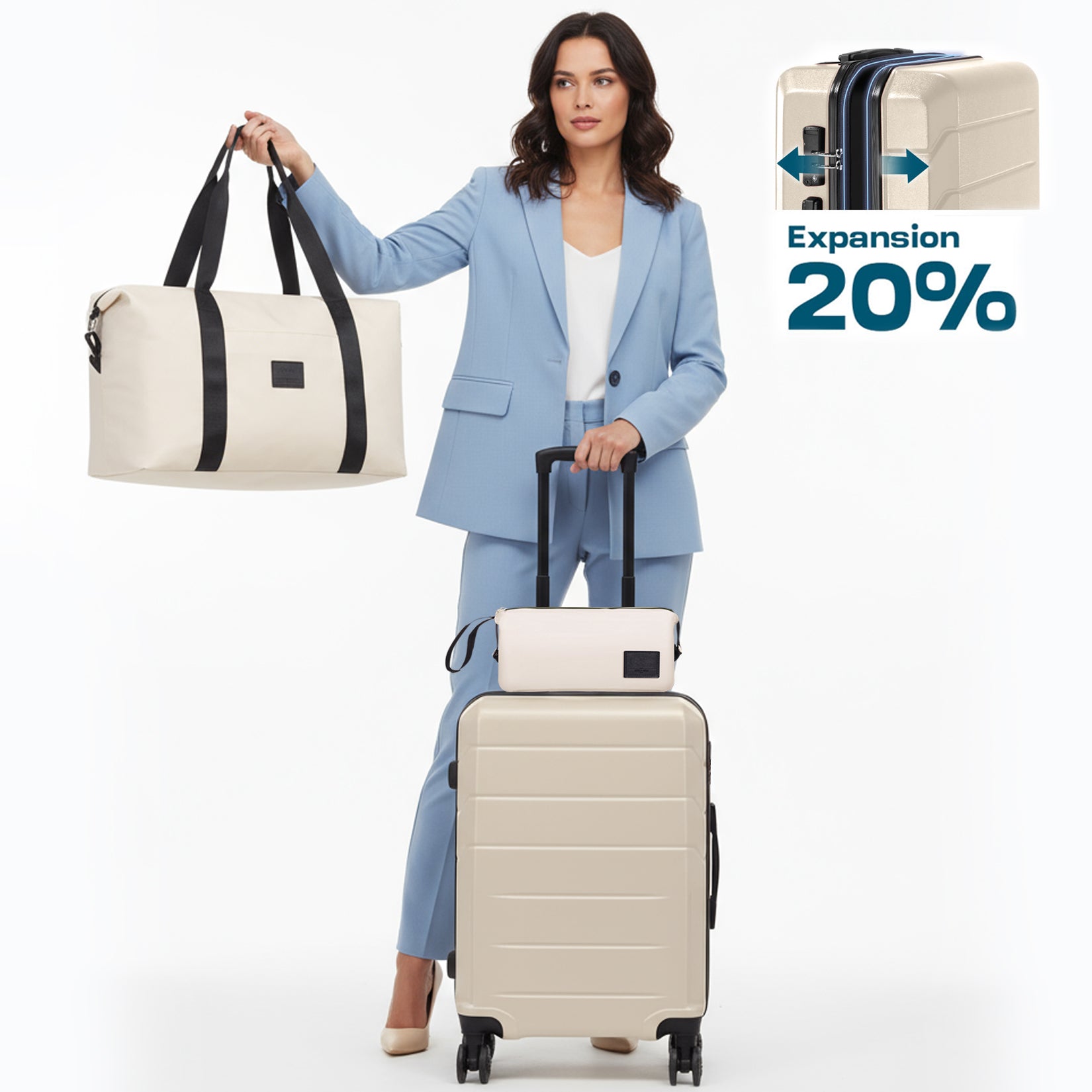 HOTEEL 3 Piece Carry on Luggage Set,Expandable ABS+PC Lightweight Hard Shell Suitcases with Spinner Wheels&TSA Lock,Portable Travel Bag and Toiletry Bag,Beige