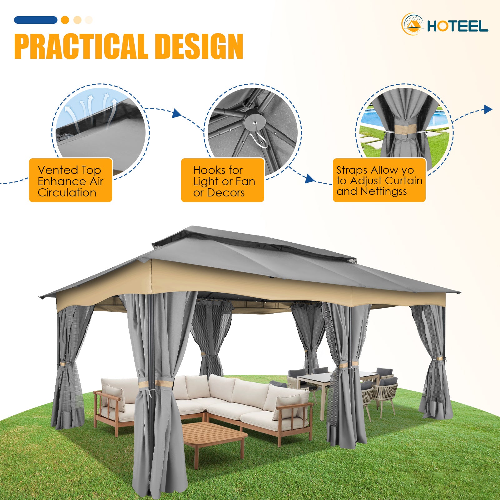 COBIZI 12'x20' Patios Gazebos with 4 Sidewalls & Double Soft Roof, Khaki SPC307