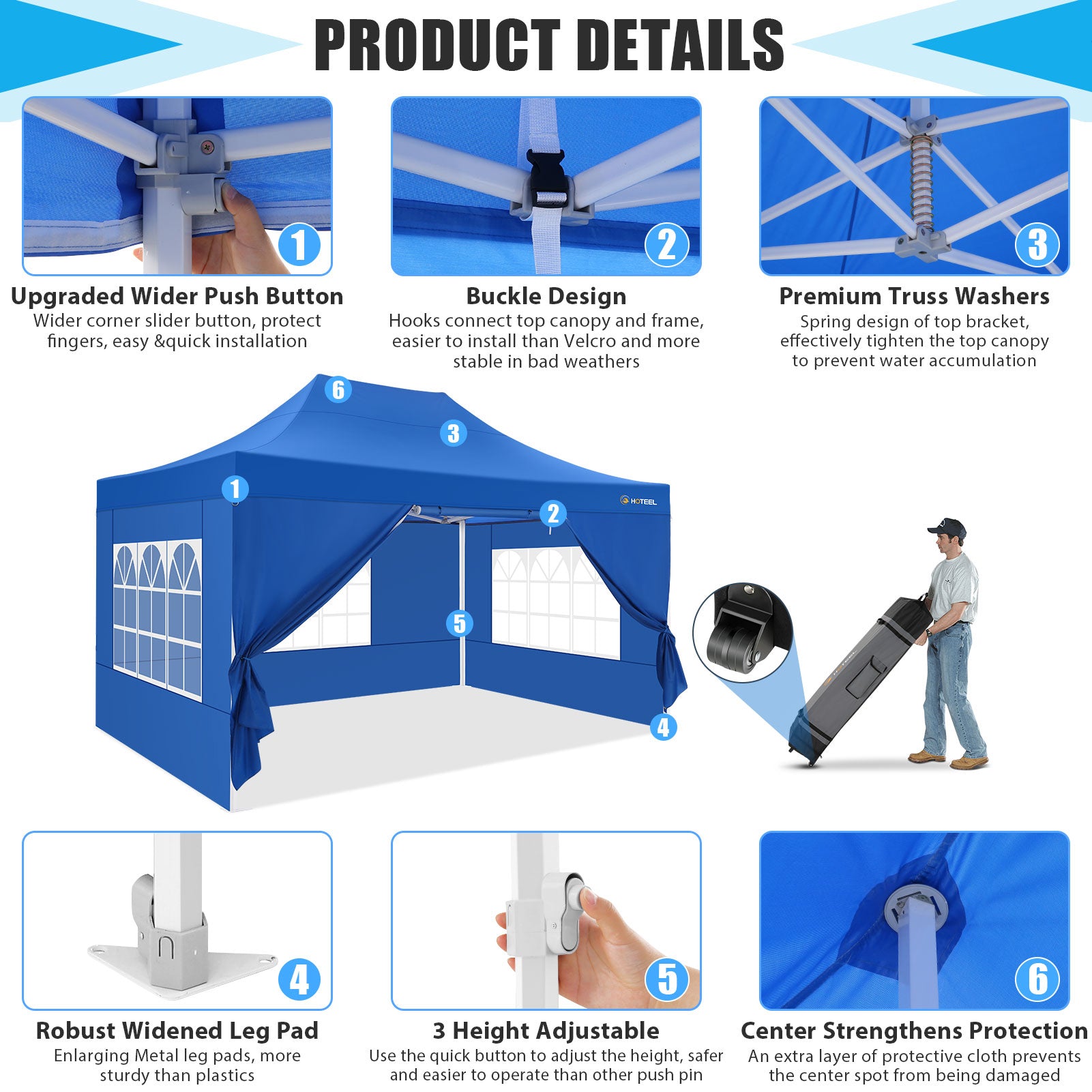 Hoteel 10x15 Heavy Duty Canopy Tent with 4 Sidewalls,Pop up Canopy for Parties Wedding,Commercial Easy up Gazebo with Roller Bag,UV 50+ &,Blue