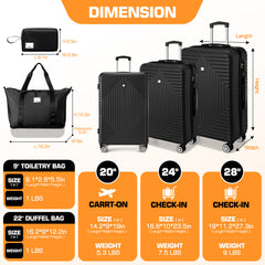 HOTEEL Luggage 3 Piece Set, Suitcase Set with Spinner Wheels & TSA Lock, 20 in Hardside Lightweight Luggage Set with duffel bag & toiletry bag, Black