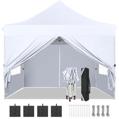 Hoteel 10'x10' Pop Up Canopy Tent with 3 Sidewalls, Outdoor Canopy Tent Waterproof Pop Up Backyard Canopy Portable Party Commercial Instant Canopy Shelter Tent Gazebo for Wedding Camping, White
