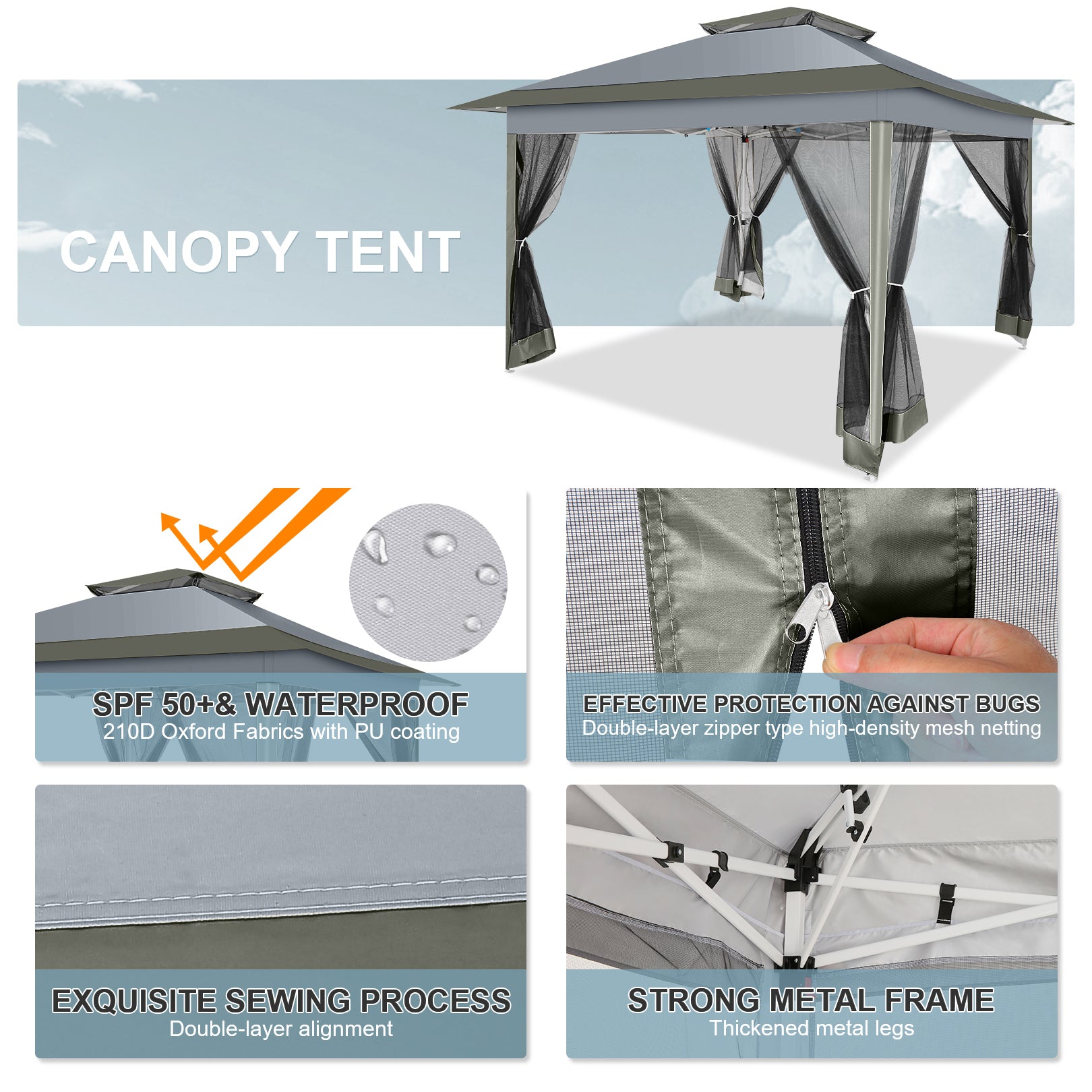 HOTEEL 12'x12' Pop Up Gazebo Patio Outdoor Canopy Tent with 8 Mosquito Nettings, Adjustable Height and 144 Square ft of Shade for Garden, Party, Backyard with Vented Top, Storage Bag, Sandbags, Silver