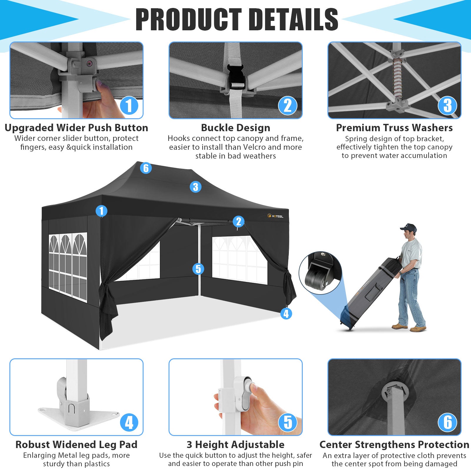 Hoteel 10'x15' Heavy Duty Canopy Tent with 4 Sidewalls,Pop up Canopy for Parties Wedding,Commercial Easy up Gazebo with Roller Bag,UV 50+&Waterproof