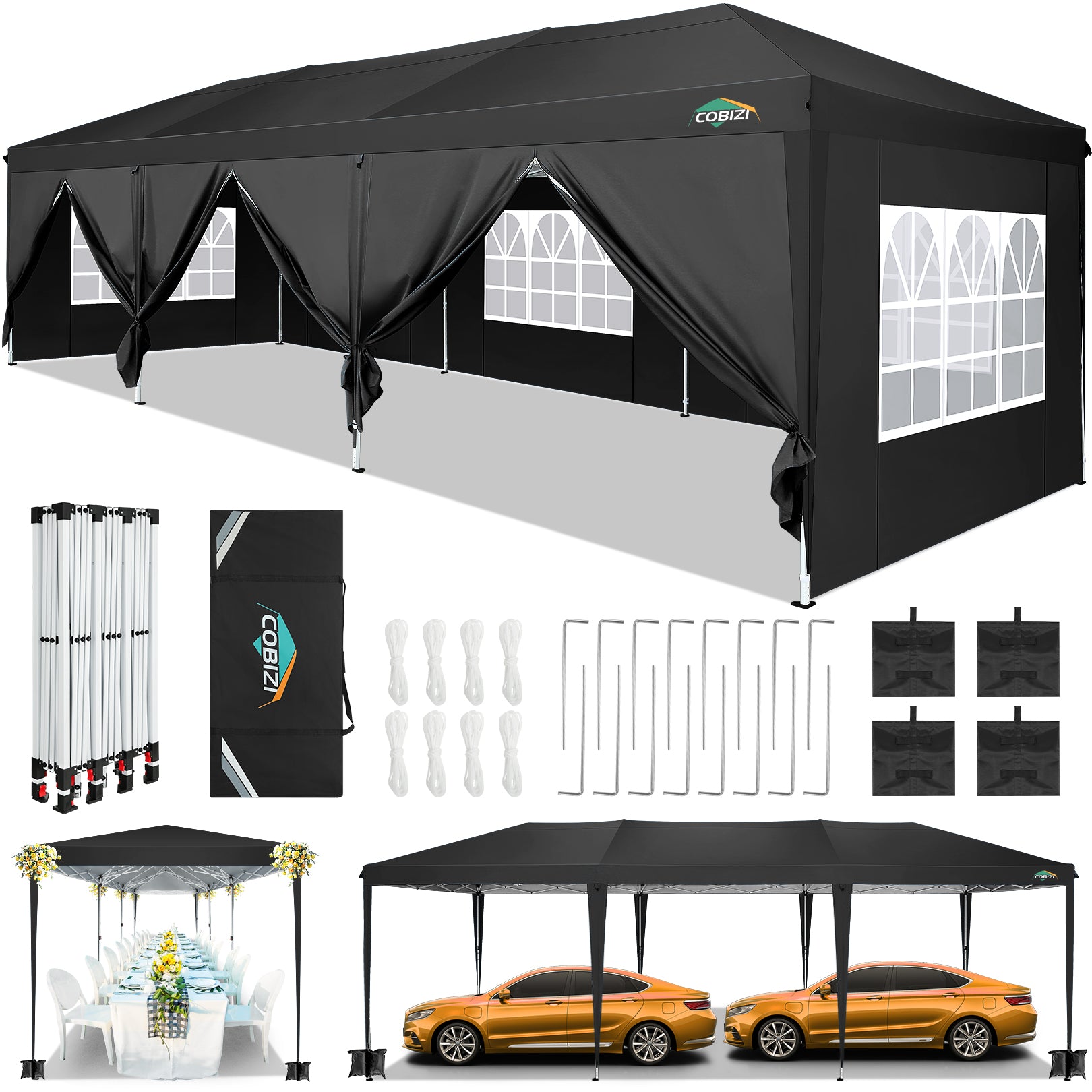 COBIZI 10'x30' Pop up Canopy with 6 Sidewalls & Carry Bag, Black SPC204