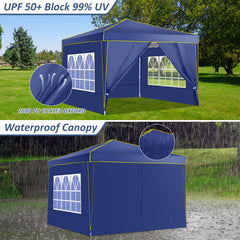 COBIZI  10'x10' Pop up Canopy Tent Commercial Instant Canopy with 4 Sidewalls & Carry Bag 4 Stakes & Ropes & Sandbags Portable Tent for Parties Beach Camping Party Event Shelter Sun Shade