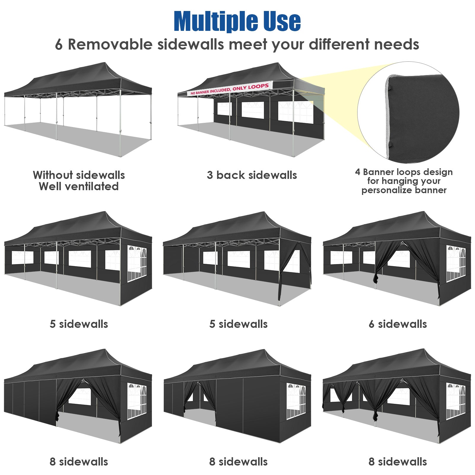 COBIZI Canopy 10'x30' Pop up Canopy with 8 Sidewalls Heavy Duty Party Tent Outdoor Party Event Gazebo Commercial Canopy Tents for Parties Wedding Outdoor Events, Black (Upgraded Frame&Windproof)