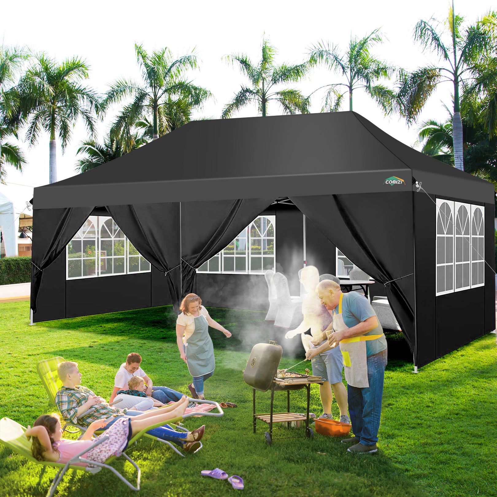 HOTEEL 10x20 Pop Up Canopy Tent with 6 Removable Sidewalls,Easy Up Commercial Canopy with Upgrade Raised Roof,Waterproof and UV50+ Gazebo with Carry Bag,Black