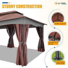 Hoteel 12'x20' Heavy Duty Canopy Gazebo, Home Outdoor Waterproof Large Party Tent & Shelter with Double Roofs, Mosquito Nettings and Privacy Screens for Backyard, Garden, Lawn, Smoke, Brown