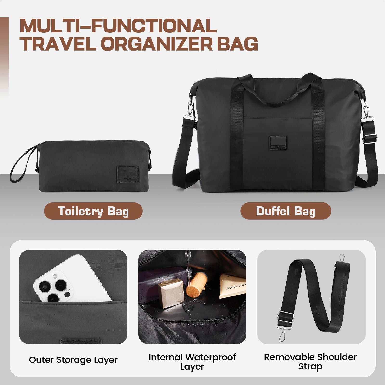 Hoteel 3 Piece Luggage Set,ABS+PC Hardside Suitcase with TSA Lock Spinner Wheels,5 PCS Carry On Travel Luggage with Duffel Bag and Toiletry Bag.(Black)
