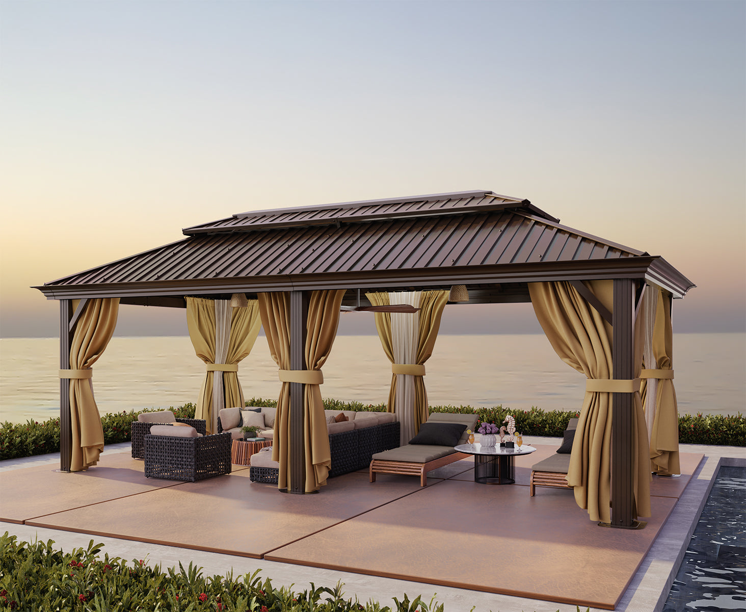 Hoteel 12x20ft Heavy Duty Hard Top Gazebo Galvanized Steel Double-layer Roof, Permanent Design, with Net and Curtain, Aluminum Frame, Suitable for Patio, Backyard, Deck and Lawn
