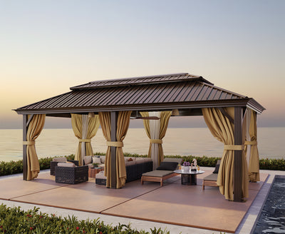 Hoteel 12x20ft Heavy Duty Hard Top Gazebo Galvanized Steel Double-layer Roof, Permanent Design, with Net and Curtain, Aluminum Frame, Suitable for Patio, Backyard, Deck and Lawn