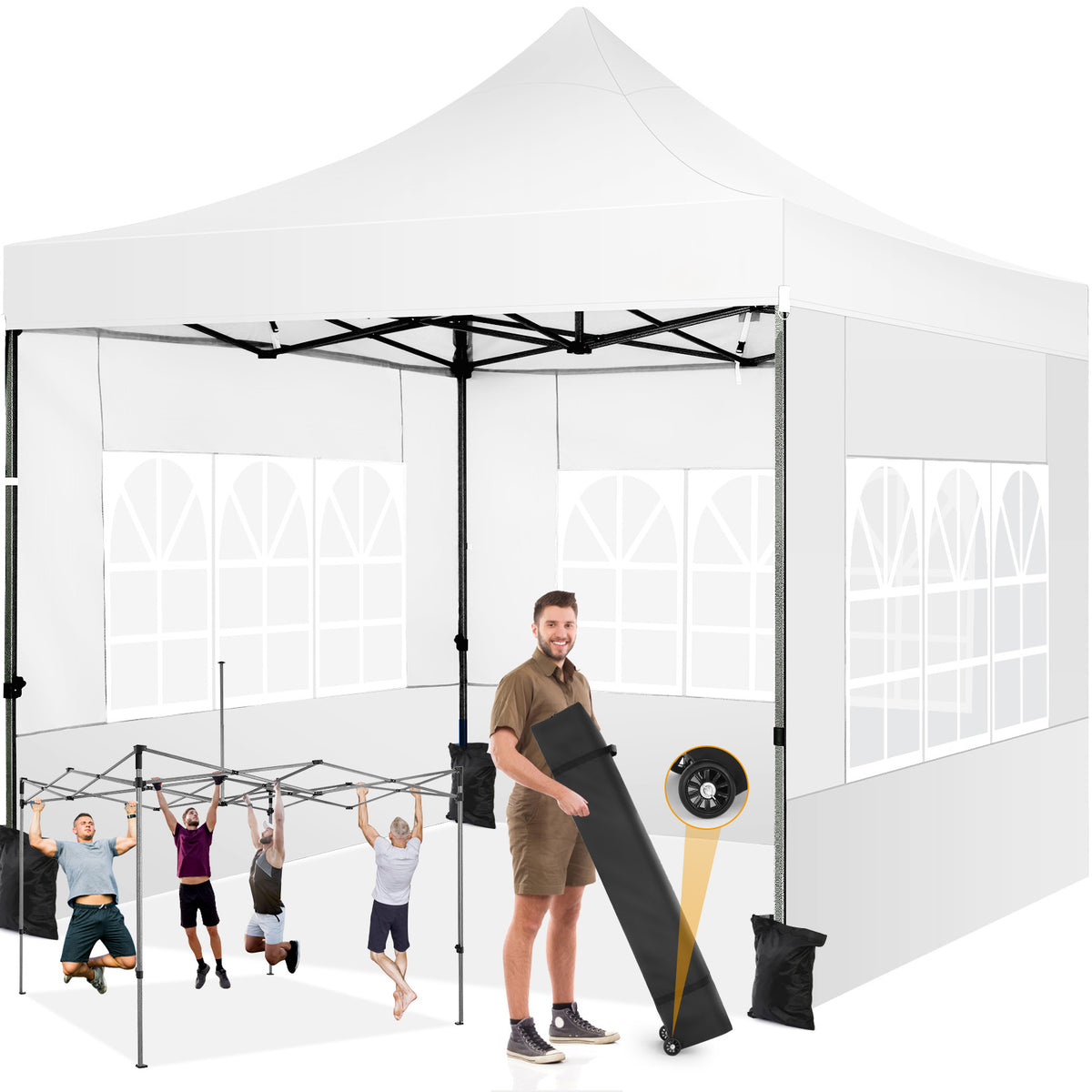 COBIZI 10'x10' Pop Up Canopy Tent with 4 sidewalls Commercial Heavy Duty Canopy UPF 50+ All Weather Waterproof Outdoor Canopy Wedding Tents for Parties Gazebo with Roller Bag, Black (Windproof Upgraded)