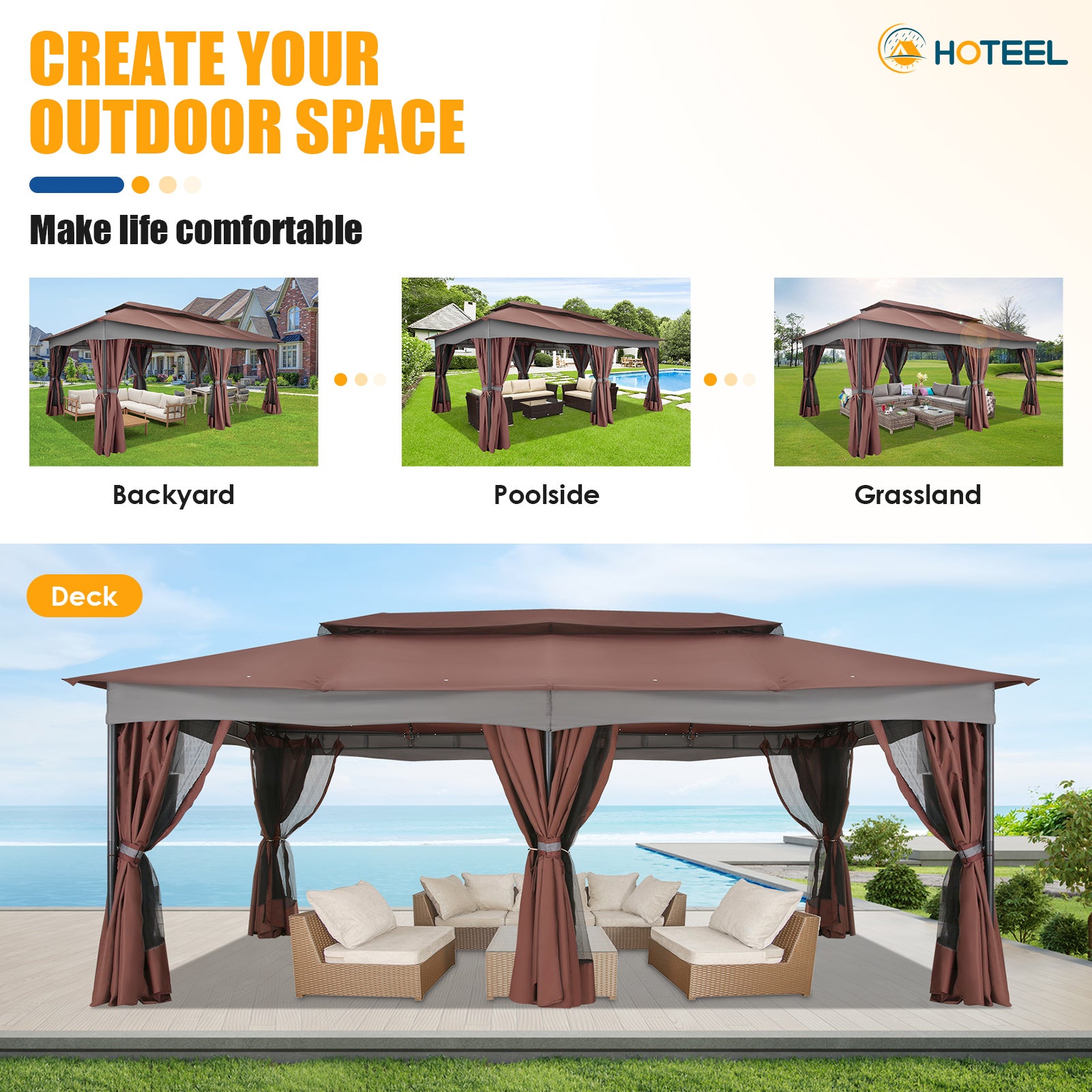 Hoteel 12'x20' Heavy Duty Canopy Gazebo, Home Outdoor Waterproof Large Party Tent & Shelter with Double Roofs, Mosquito Nettings and Privacy Screens for Backyard, Garden, Lawn, Smoke, Brown