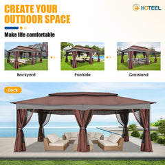 Hoteel 12'x20' Heavy Duty Canopy Gazebo, Home Outdoor Waterproof Large Party Tent & Shelter with Double Roofs, Mosquito Nettings and Privacy Screens for Backyard, Garden, Lawn, Smoke, Brown