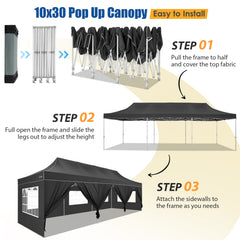 COBIZI Canopy 10'x30' Pop up Canopy with 8 Sidewalls Heavy Duty Party Tent Outdoor Party Event Gazebo Commercial Canopy Tents for Parties Wedding Outdoor Events, Black (Upgraded Frame&Windproof)
