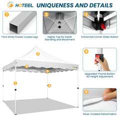 HOTEEL 10'x10' Pop Up Canopy , UPF 50+ Easy Setup Canopy Tent Waterproof Outdoor Instant Portable Shelter with 4 Removable Sidewalls, Sandbags, Stakes & Ropes for Party, Events, Vendor, White