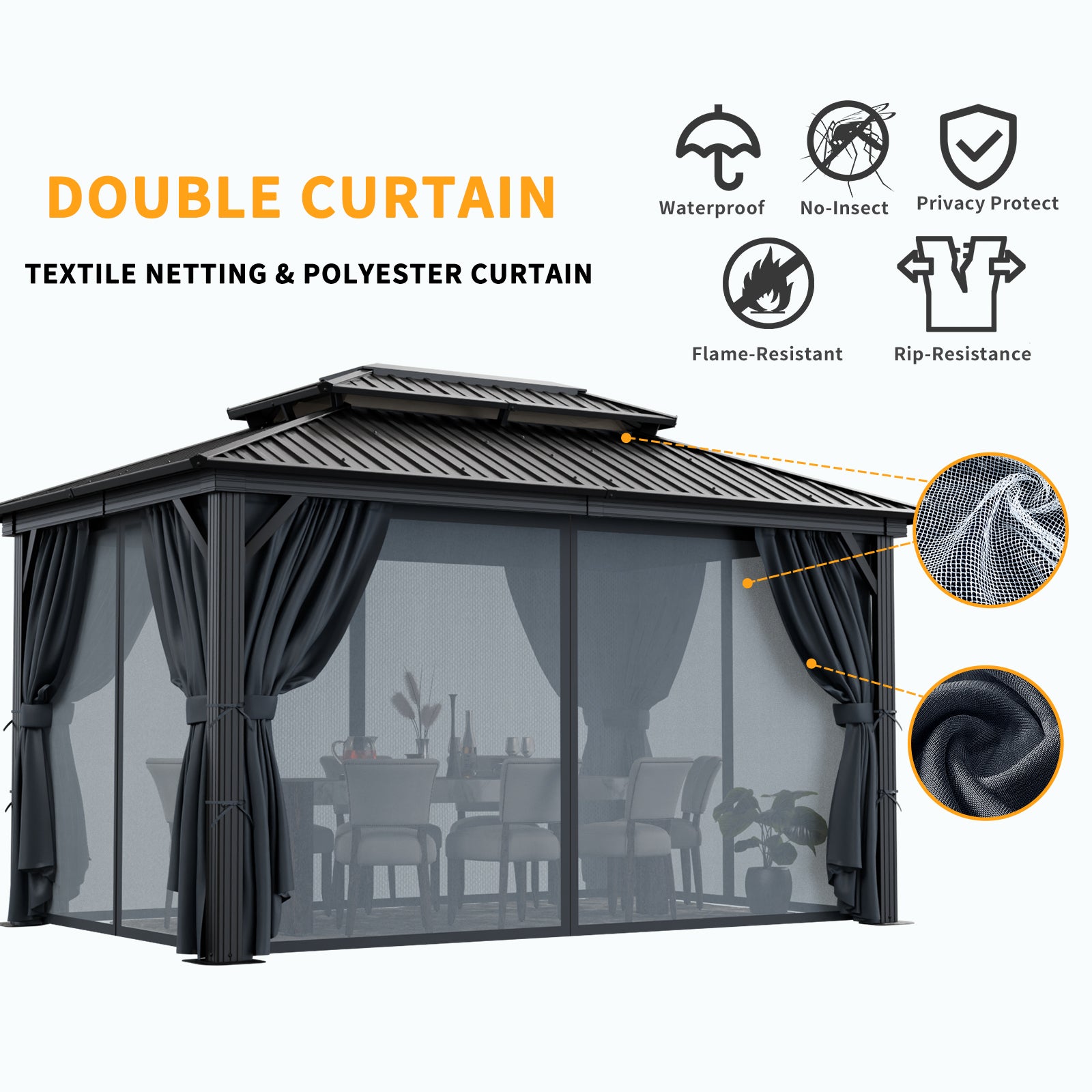 COBIZI 10'x12'  Heavy Duty Hard Top Gazebo with Curtains & Netting, Black SPC277